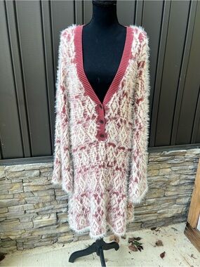 Free People Fuzzy Cream & Dusty Rose Fuzzy V-Neck Dress sz L